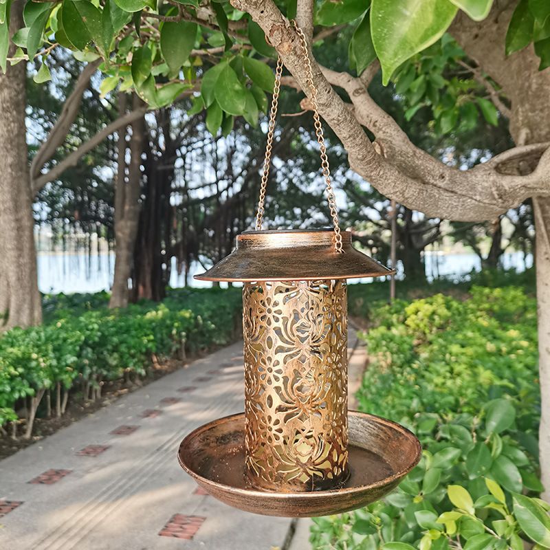 LED Solar Bird Feeder Lamp Outdoor Courtyard Garden Landscape Light, Antique Wrought Iron Hollow Lamp Bird Feeder Container