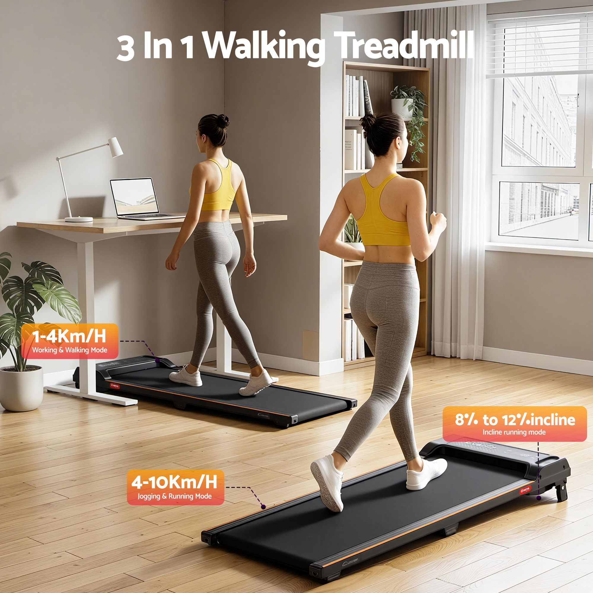 Everfit 3 in 1 Walking Pad Treadmill 12% Incline Under Desk Treadmills for Home Gym With 40cm Wide Belt Black โ image 4