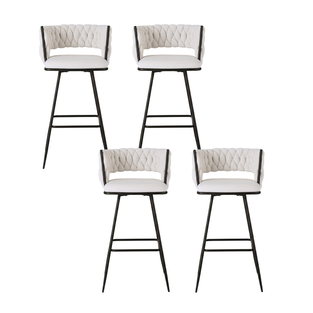 Artiss 4x Bar Stools Kitchen Dining Chair Counter Stool Woven Velvet Metal Ivory โ image 3