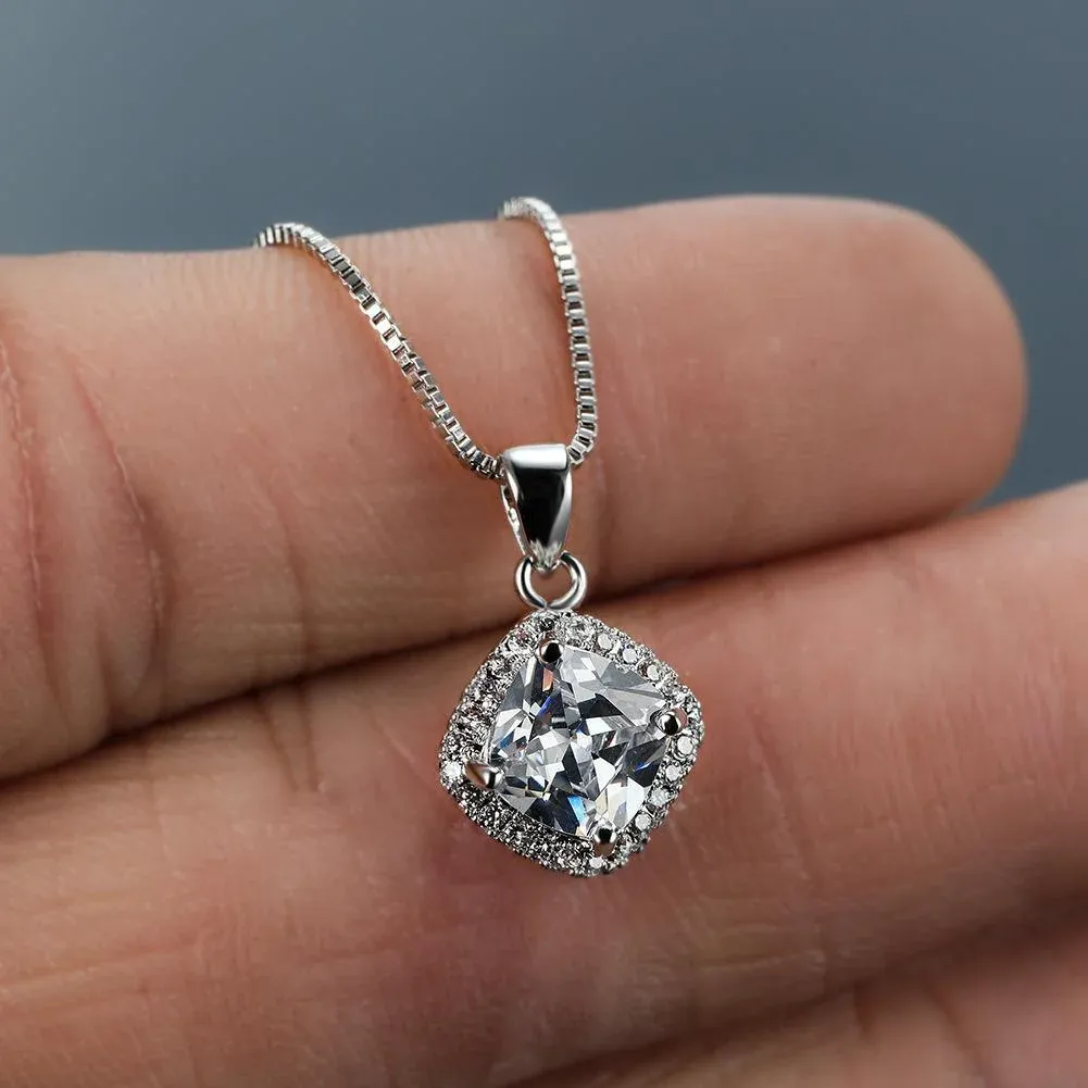 Fashion 925 Sterling Silver Stunning Square Cubic Zircon Pendant Necklace Chain - Blue โ image 6