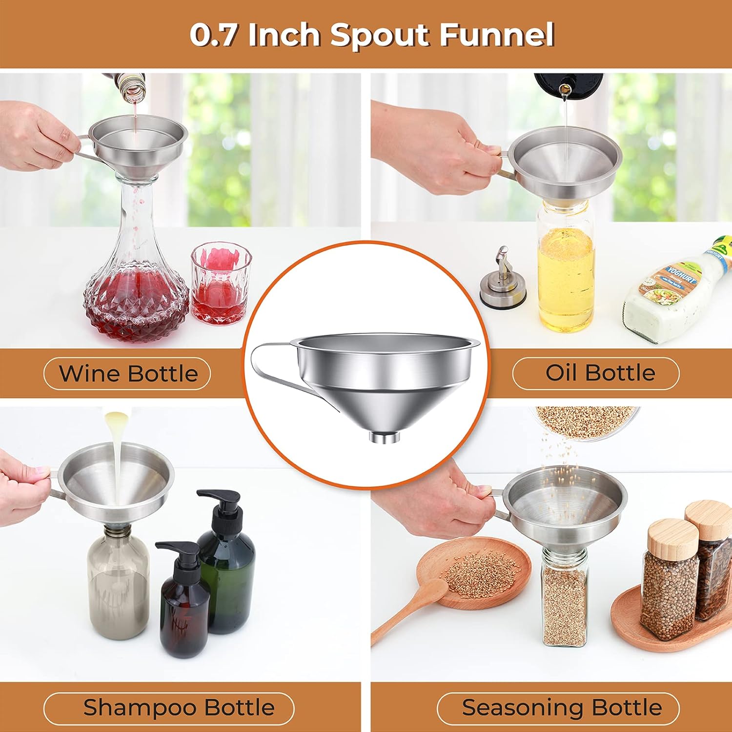 Canning Funnel for Wide Mouth and Regular Mason Jars, Stainless Steel Kitchen Use Funnels with Strainer for Filling Bottles, Metal Funnel Set for Oil Power Jam — image 3