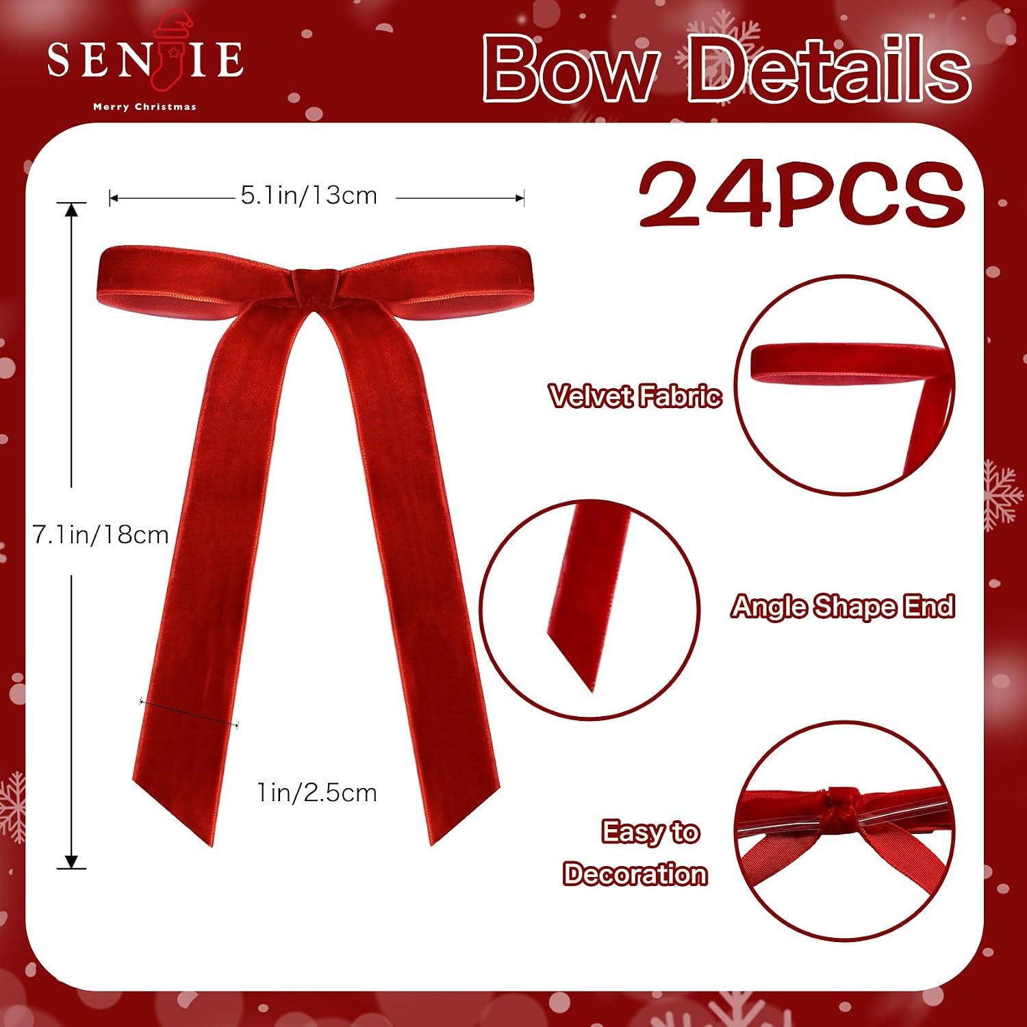 24Pcs Christmas Velvet Bows for Tree, Vintage Ribbon Bows Ornaments for Garland Wreath Gift Wrapping Treat Bag Bakery Candy Bags DIY Crafts Holiday Decor (Red โ image 2