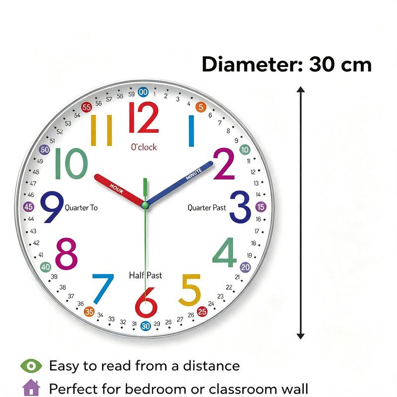 30 cm Children's Educational Wall Clock, Silent Color-Coded Learn-to-Tell-Time Clock — image 3