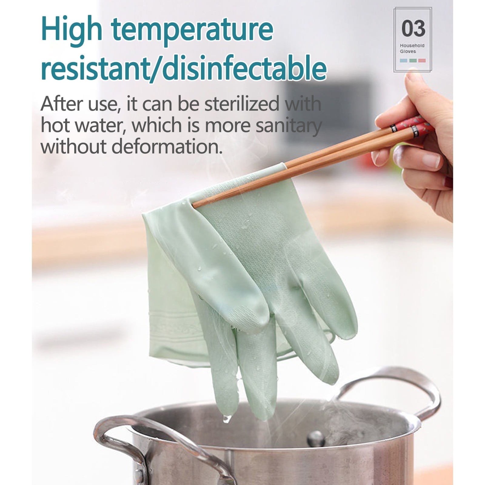 1 Pair Rubber Gloves for Dishwashing Cleaning, Cotton Lined Household Gloves, Waterproof Gloves for Kitchen Bathroom, Reusable, Light blue, Size M โ image 4