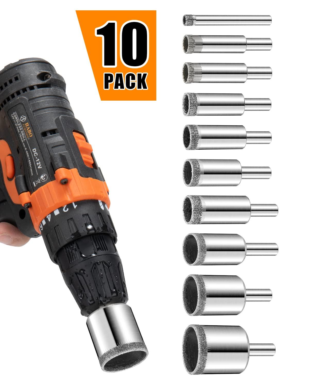 Diamond Drill Bits Set, 10 PCS Diamond Hole Saw Set, Glass Drill Bit for Ceramic Tile Porcelain Marble Granite Stone Bottles — image 4