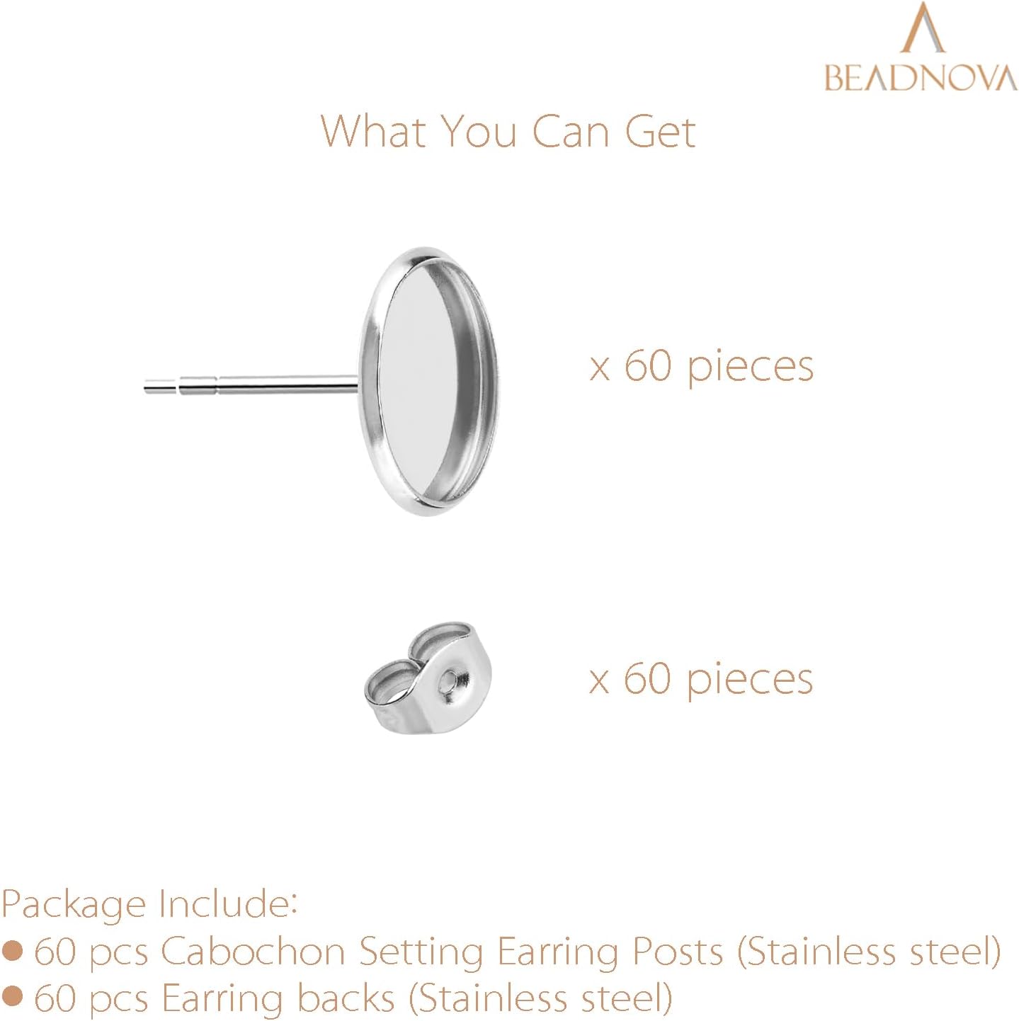 60pcs Blank Earring Studs 12mm Stainless Steel Cabochon Setting Post With Backs for Resin DIY Earstud Making — image 3