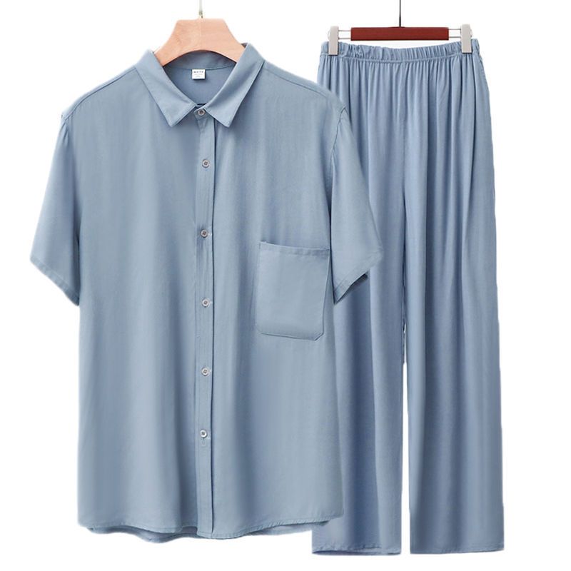 Men Rayon Short Sleeve Suit Set Summer Thin Casual Light blue top + black trousers 5XL โ image 5