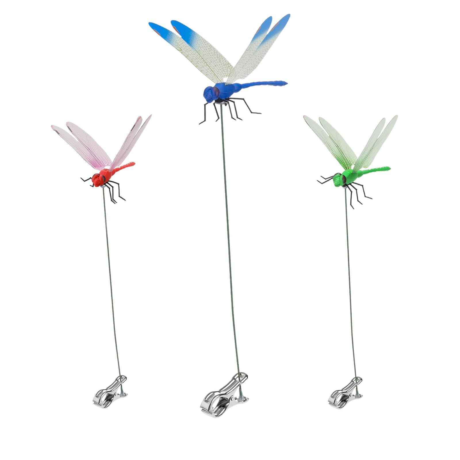 3 Pack Dragonfly Clip,3D Dragonfly Garden Stakes Decor,Fly Deterrent, Dragonfly Humming Bird Stakes,Deer and Horse Fly Deterrent