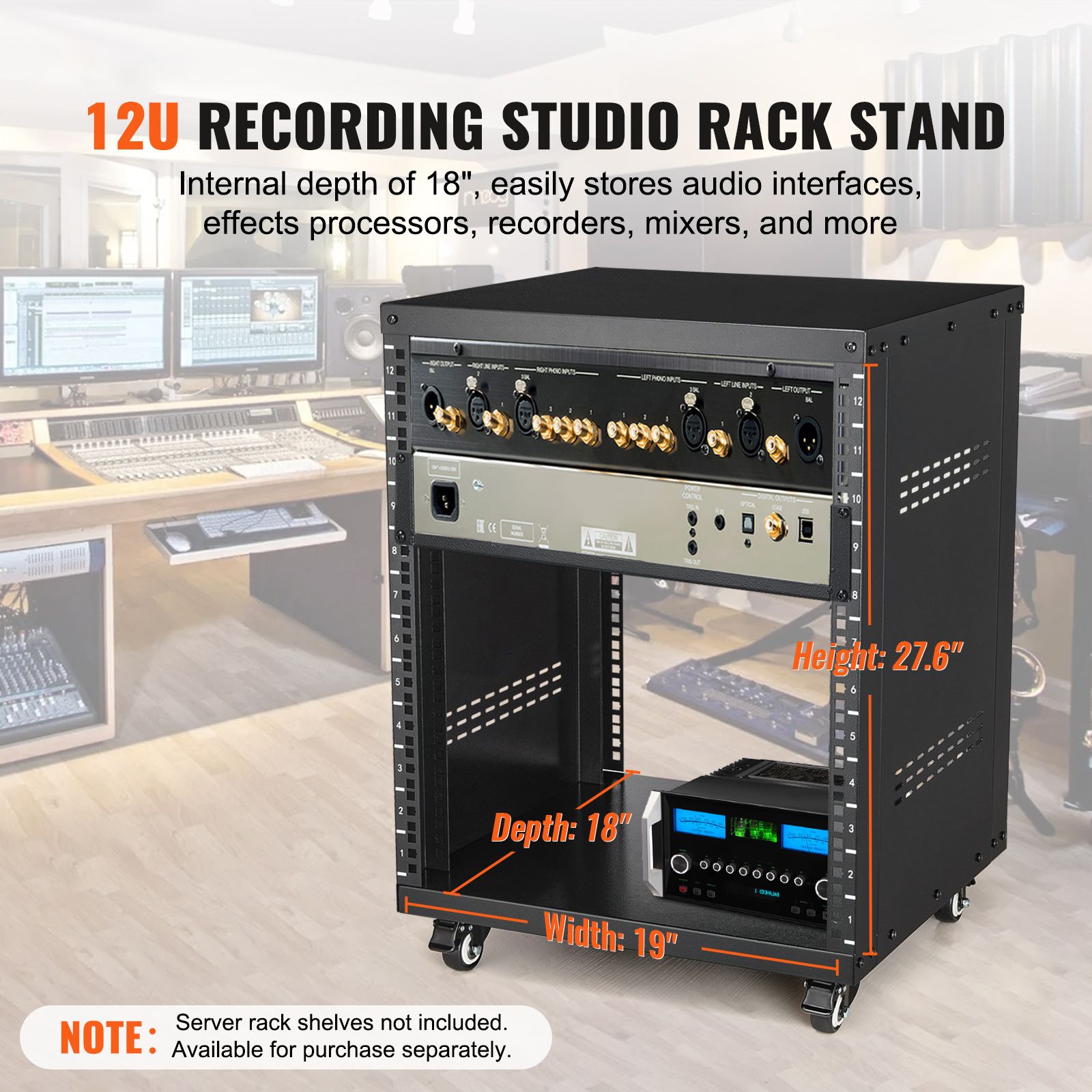 12U AV Rack Stand, 136.08kg Capacity, Network Stereo Recording Studio Rack with Lockable Caster Wheels Round & Square Holes, Special Vent for 482.6 mm Audio — image 2
