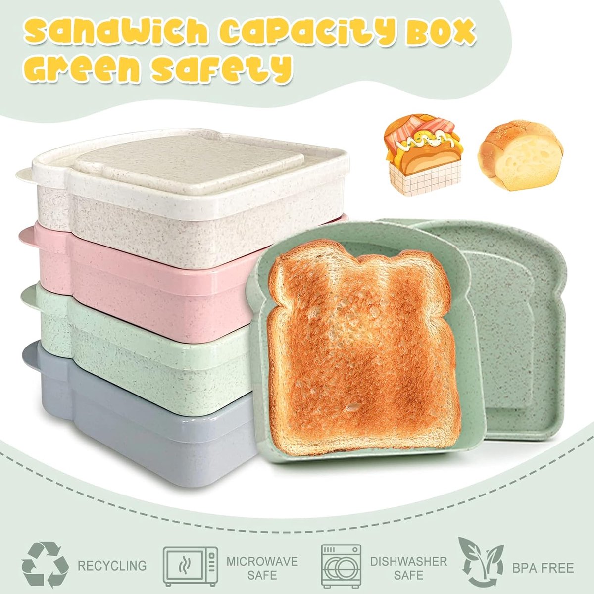 4× Food Storage Containers - Lunch Box - Meal Prep Containers - Kitchen Food Storage Container Set - Lunchboxes - Food Box - Sandwich Holder - Bread Container — image 6