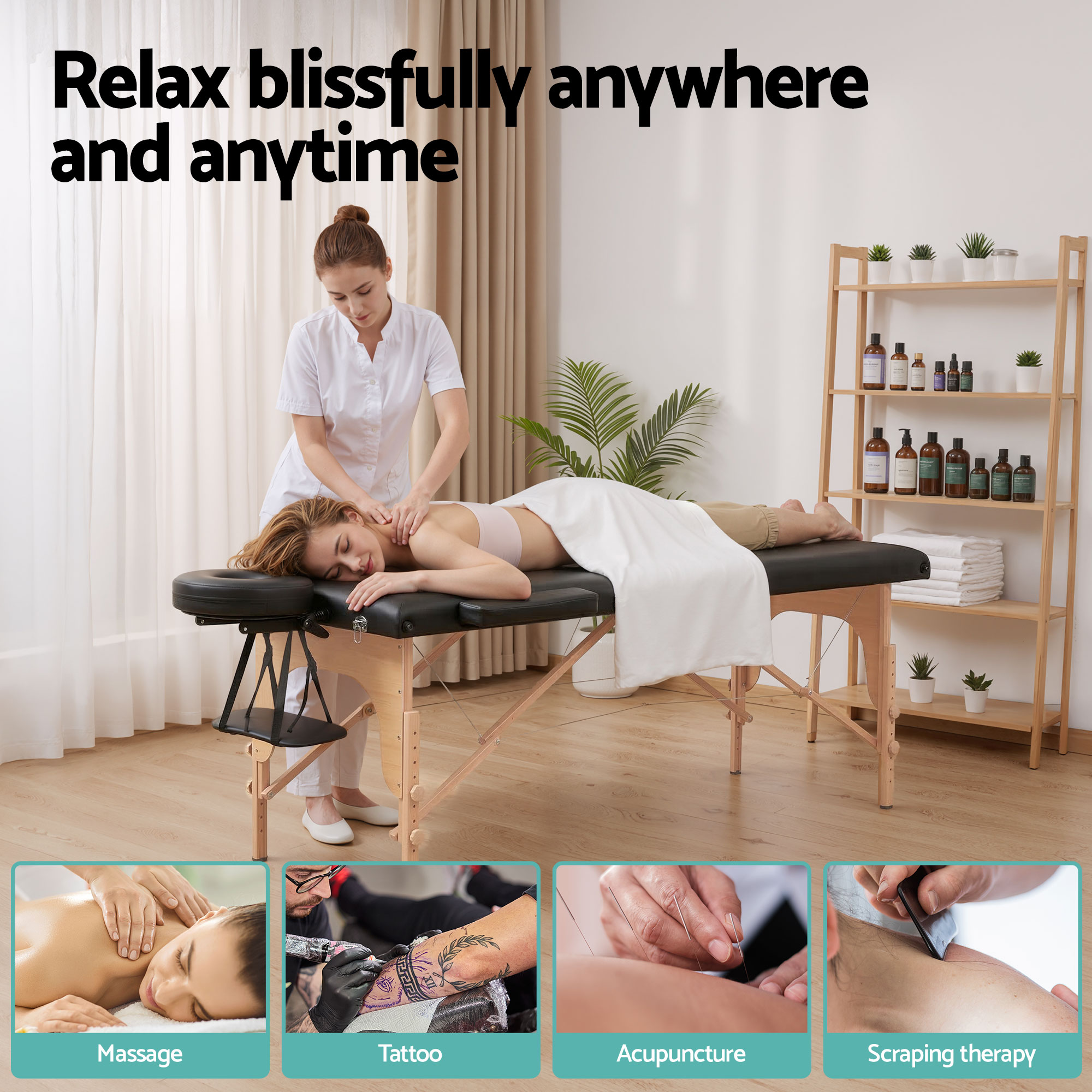 Zenses Massage Table 70cm Portable 2 Fold Wooden Beauty Waxing Therapy Bed Black — image 5
