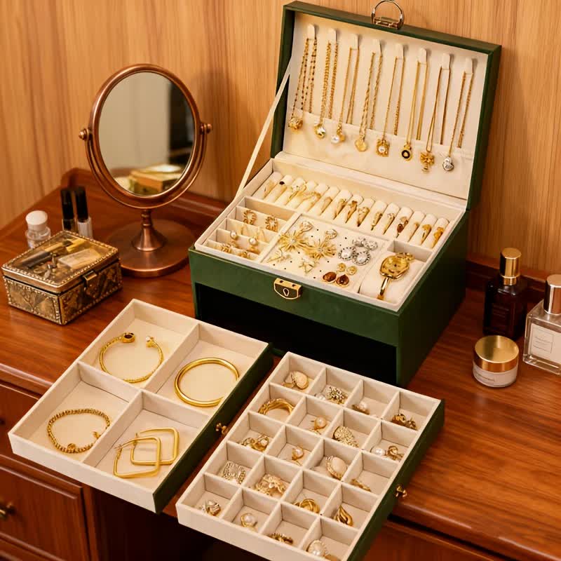Dark green Multi - layer Jewelry Storage Box: Velvet Lining, Three - layer Zoning, Double - drawer Storage for Accessories — image 4