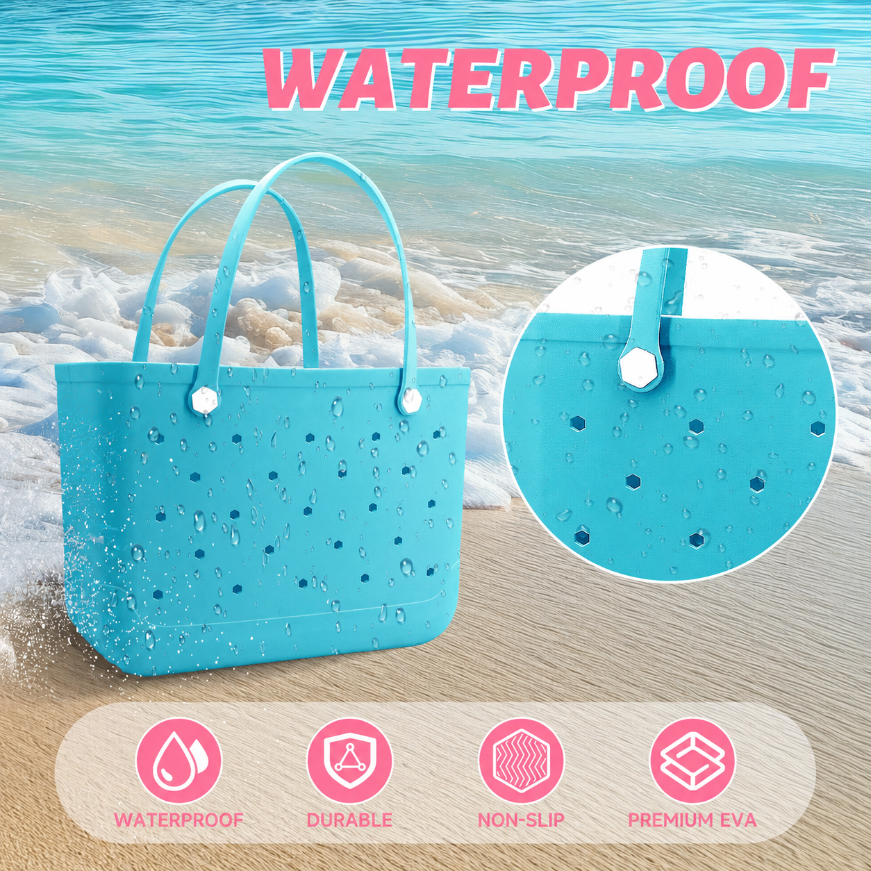 Waterproof Hexagon Mesh Beach Bag - Large Capacity Travel Storage Tote for Swimwear Towel Sunglasses - Lake Blue Large 48x34x24cm โ image 2