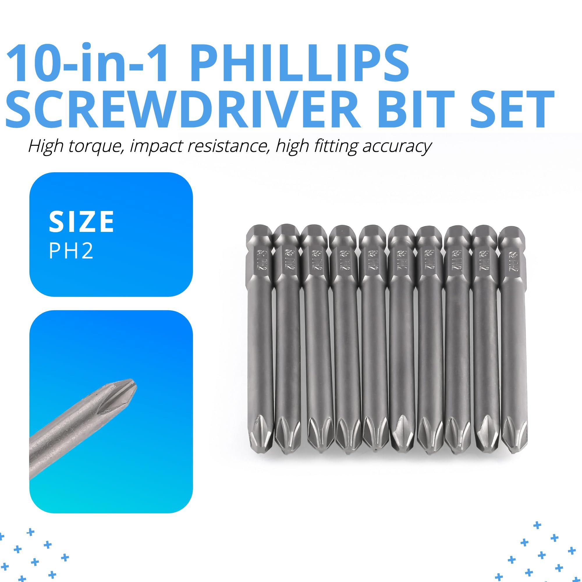 Cross Slot PH2#2 Long Screwdriver Bit Set 10 PCS 1/4 Inch Hex Shank 4 Inch/100 mm Length S2 Steel with Magnetic โ image 5