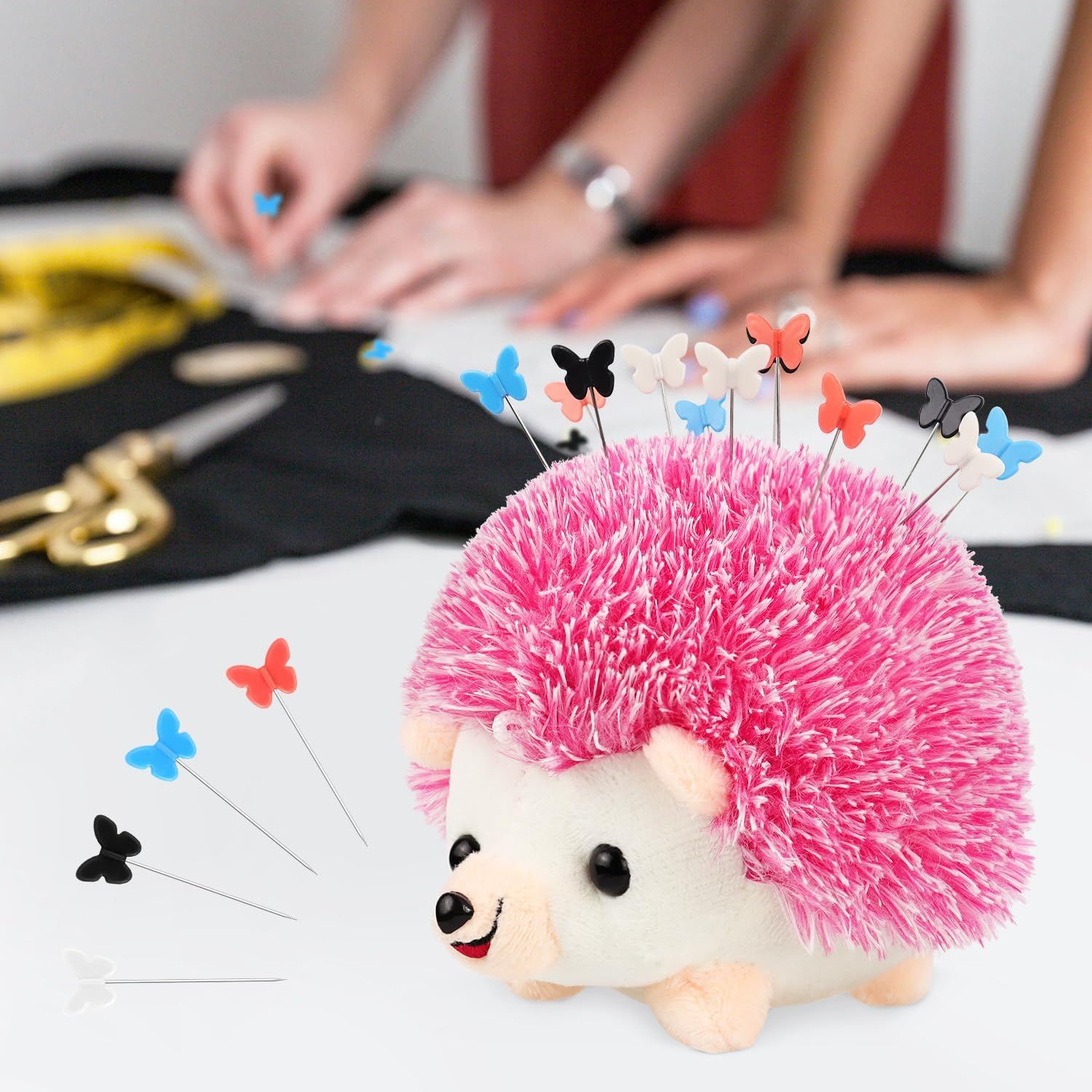Hedgehog Pin Cushion Sewing Kit with 100 Colourful Butterfly Pins, Dressmaker Pincushion for Sewing, Quilting and Craft Projects, Pink — image 3