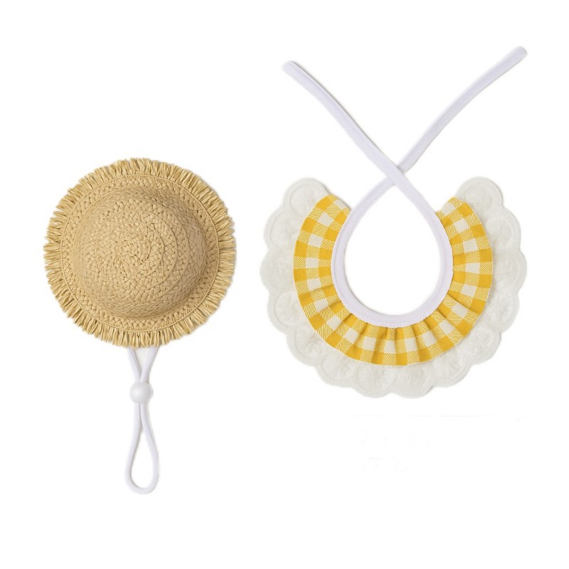 Khaki and Yellow 2 Sets Adorable Porch Goose & Small Pet Costume Set - 2 Summer Straw Hat & 2 Gingham Bib โ image 4