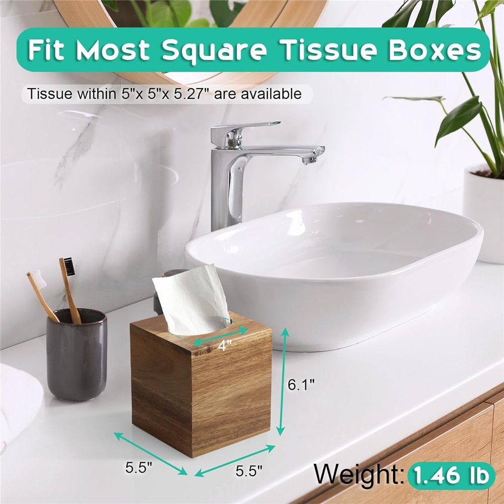 Acacia Wood Tissue Box Cover, Square Wooden Tissue Holder for Bathroom, Living Room, Dining Table, Decorative Cube Facial Tissue Box Cover — image 5