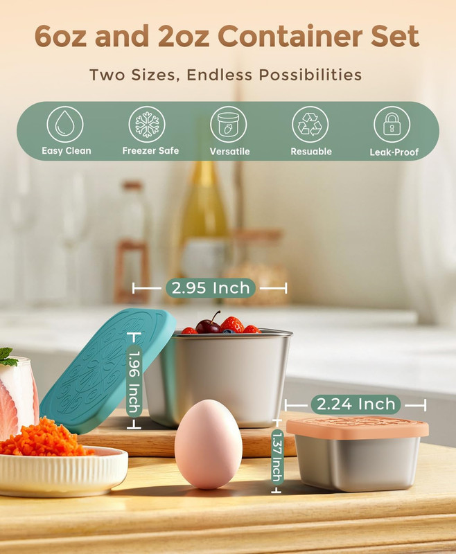 12Pack 6oz Stainless Steel Snack Containers and 2oz Salad Dressing To Go Containers with Silicone Lids, Reusable Square Meal Prep Condiment Sauce Containers — image 3