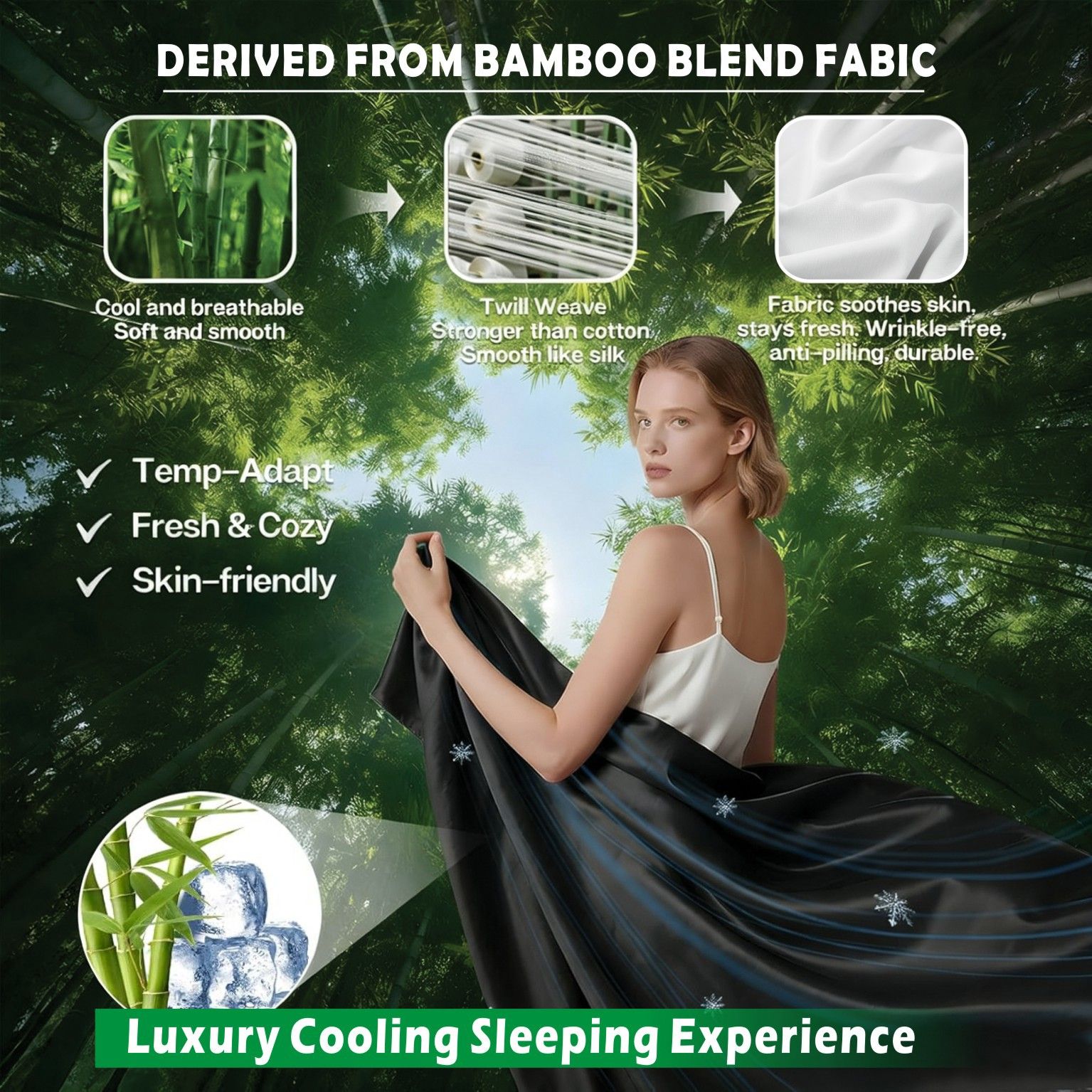3 Piece Hotel Bamboo Cooling Sheet Set -Ultra Soft 2000TC Breathable Bed Sheets Set with 37 Centimetre Deep Pocket-Cooling Sheets for Hot Sleepers(Black,King — image 3