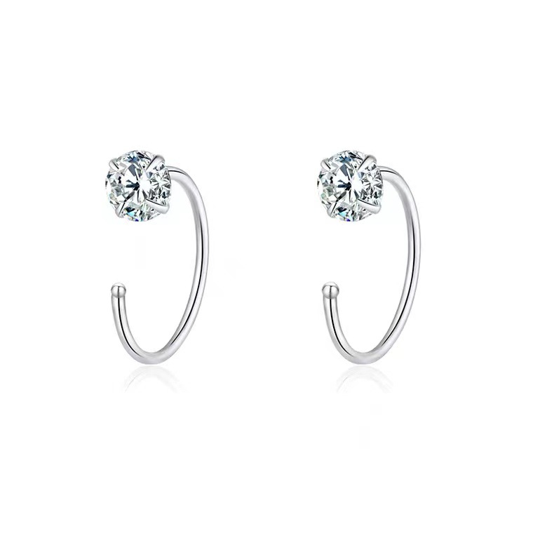 6mm (4-Pair Set) Minimalist C-Shaped Hoop Earrings with CZ Studs - S999 Sterling Silver