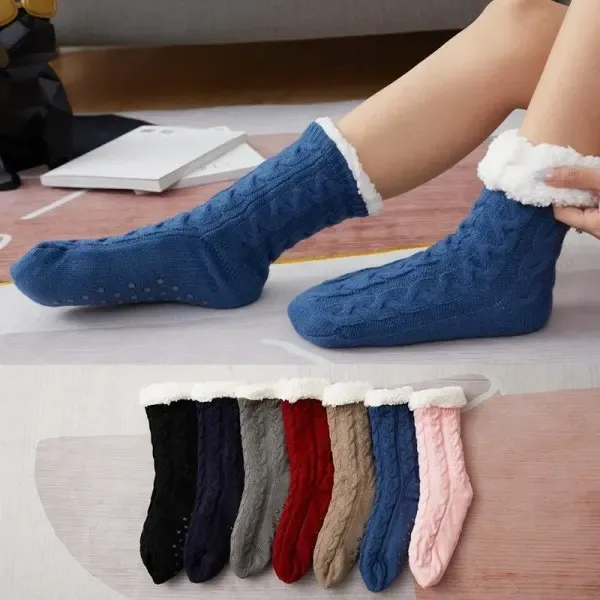 Blue Warm Knitted Non-Slip Thick Winter Socks with Cozy Inner Lining, One Size Fits Most, Breathable Cotton Blend for Indoor Home Office Use โ image 2