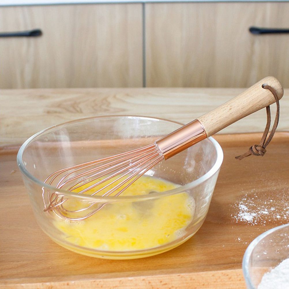 Wooden Handle Stainless Steel Whisk Egg Beater Rose Gold Mixing Cooking Tools Firm Durable Cream Frother Baking Utensils — image 3