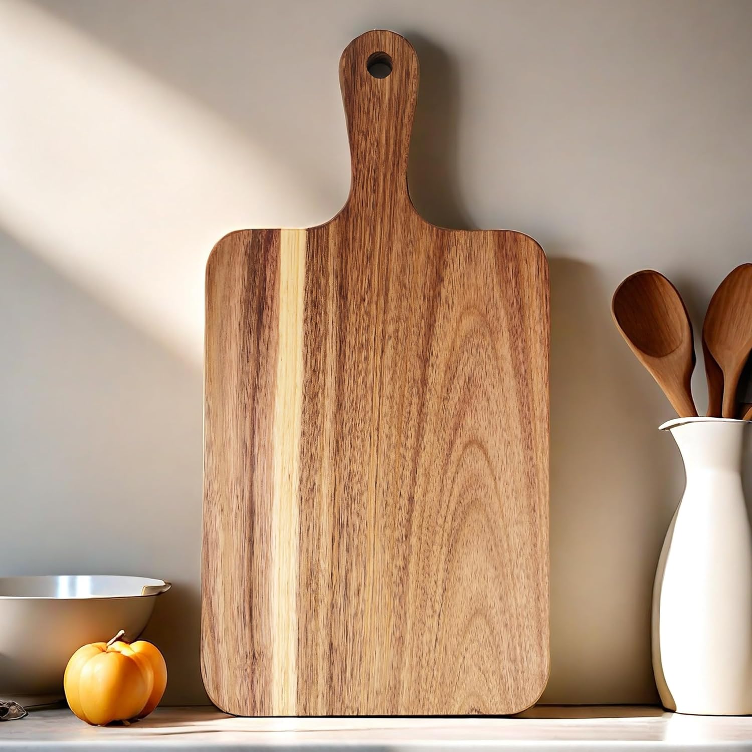 Acacia Wood Cutting Board with Handle, Wooden Cutting Boards, Chopping Board, Charcuterie Board, Serving Board for Cheese, Bread, Pizza, Vegetables & Fruits