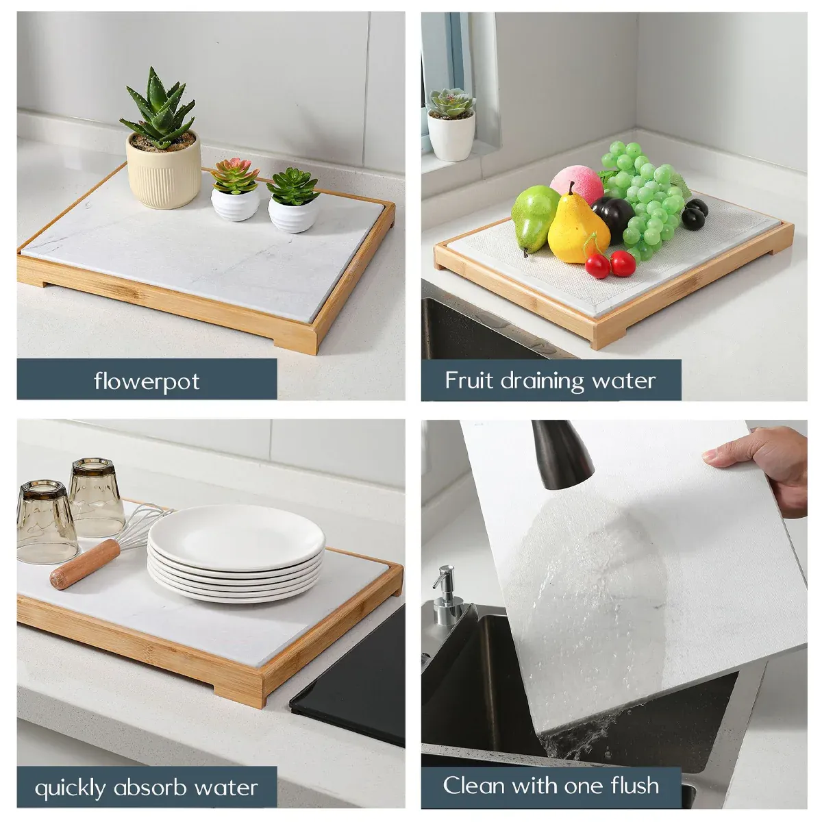 Diatomite Instant Absorbent Dry Mat With Bamboo Frame Bathroom Kitchen Dry Pad — image 5