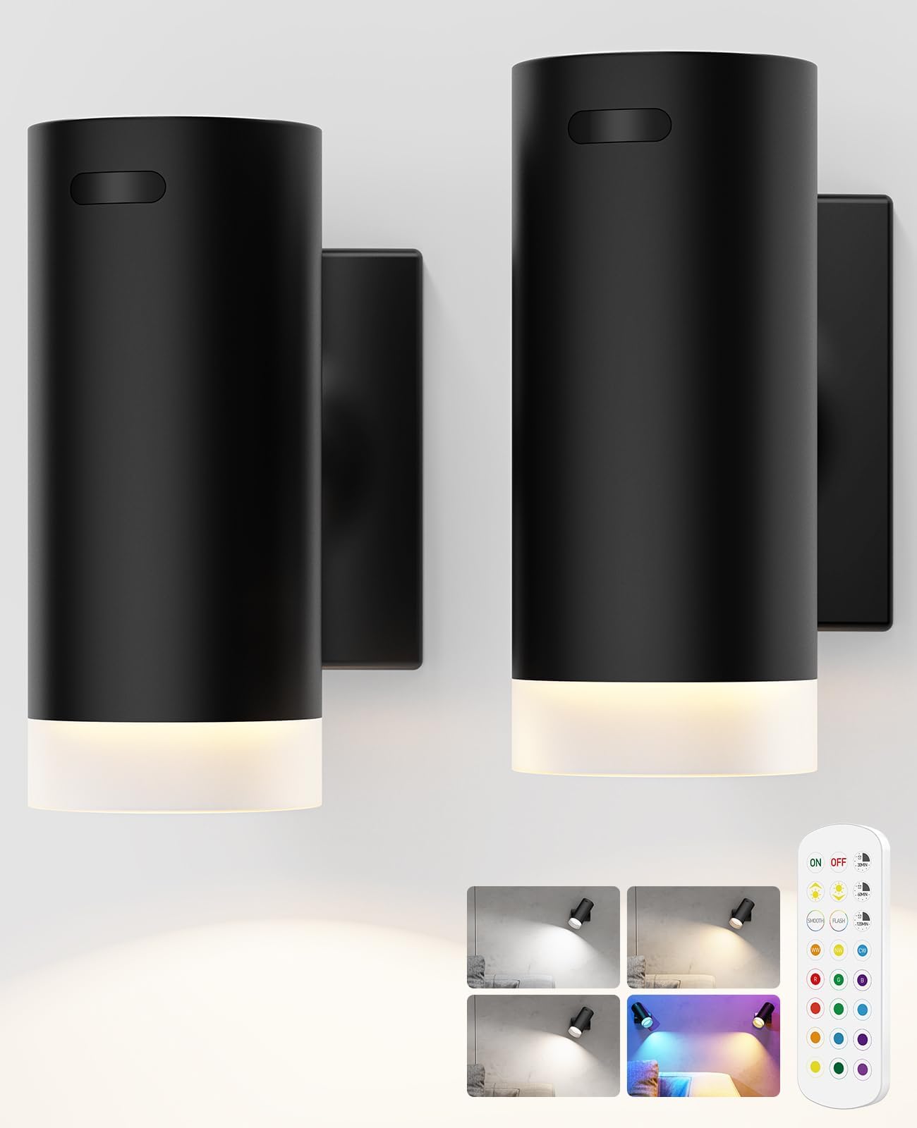 Battery Operated Wall Lights 2 Pack Rechargeable Wall Lights Indoor Touch Dimmable with Remote Control,Magnetic Wall Sconce Lights Battery Black Wireless LED