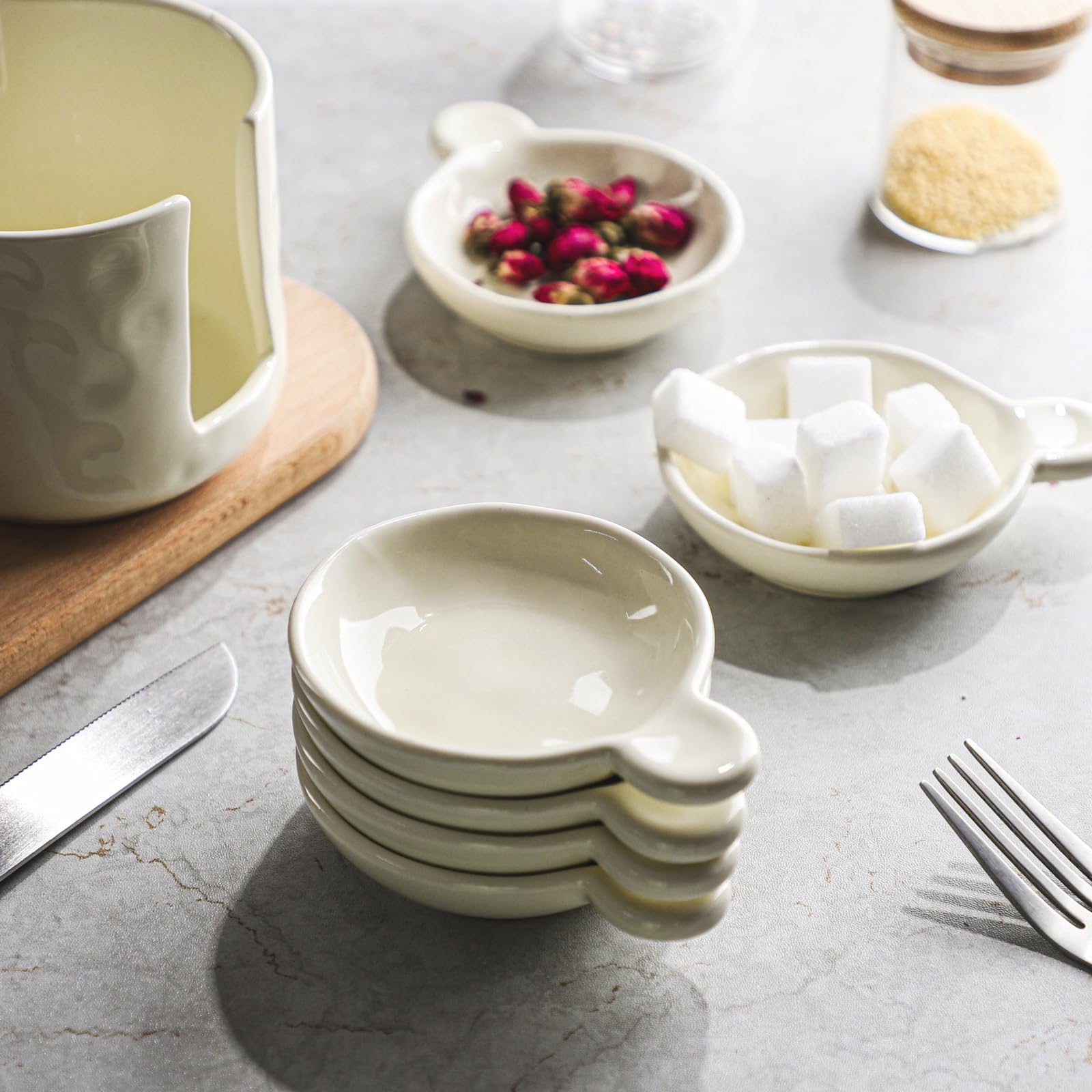 6 Pieces Ceramic Sauce and Dip Bowls with Stackable Holder for Soy Sauce, Snacks, Tapas and Everyday Table Serving, White โ image 6
