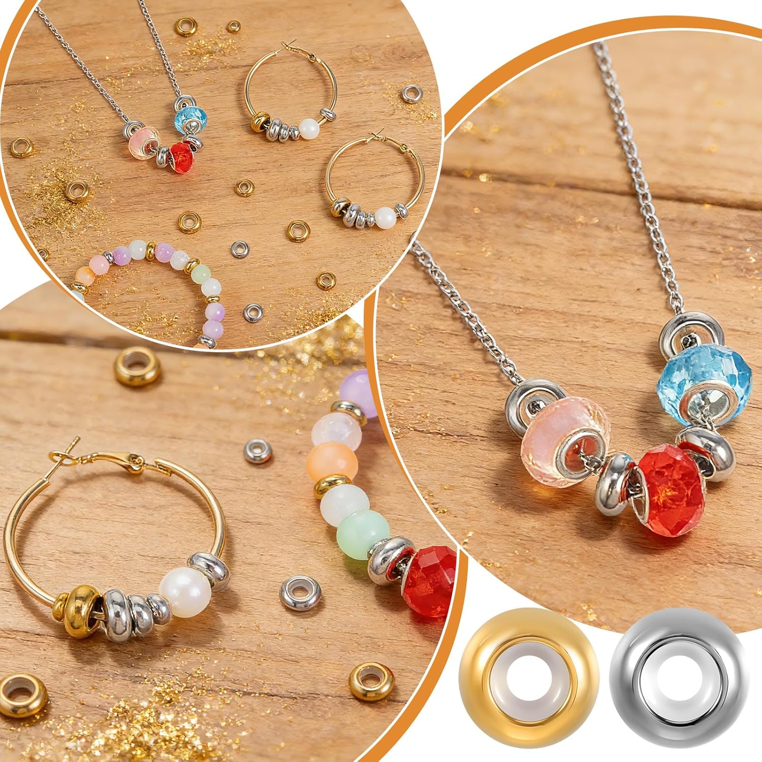 36Pcs Stopper Beads for Bracelets,Spacer Beads with Rubber Gold Silver Slider Bead Adjustable Charm Stoppers for Bracelets Locating Rings for DIY Jewelry — image 3
