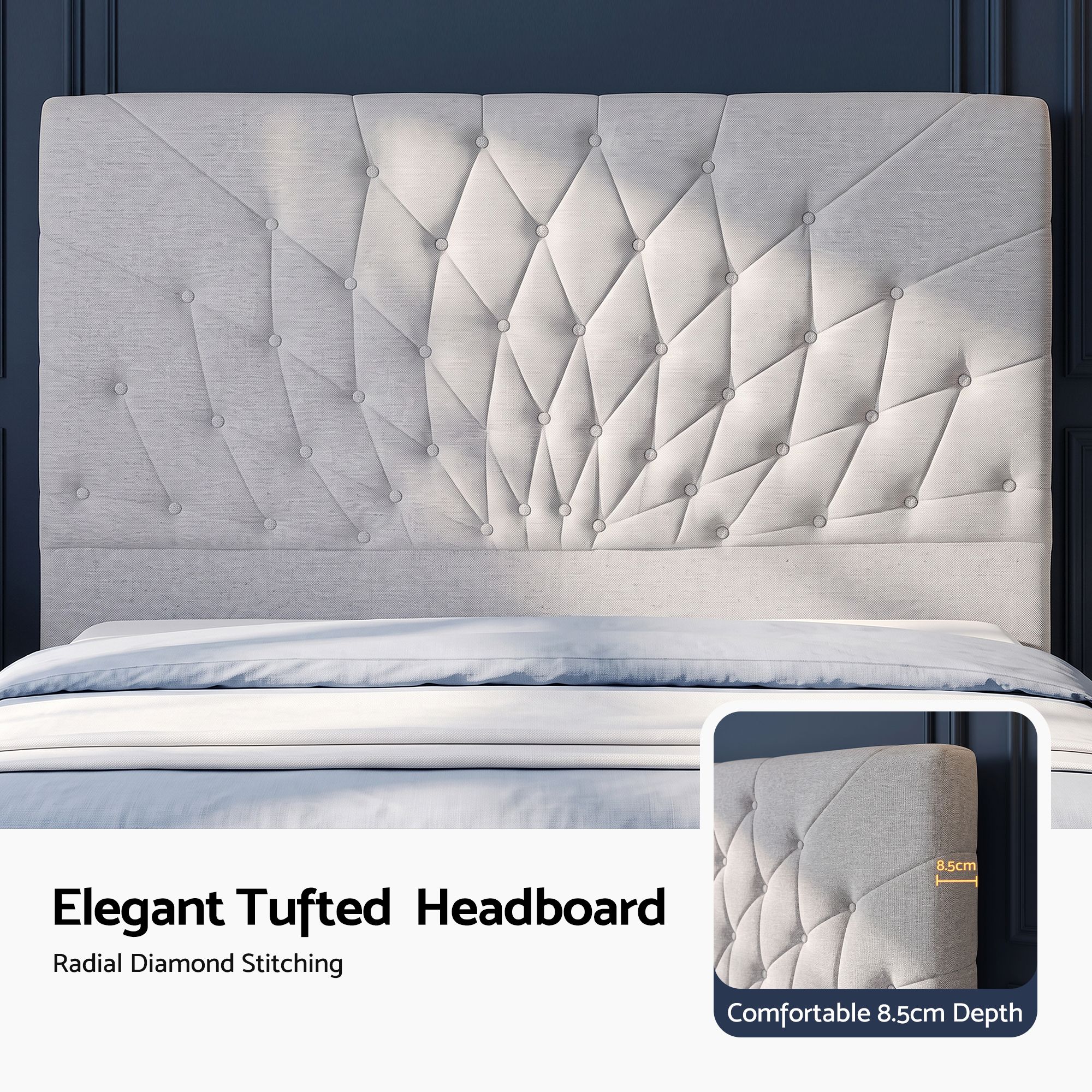 Artiss Queen Bed Frame with Tufted Headboard and Plywood Slats Grey — image 5