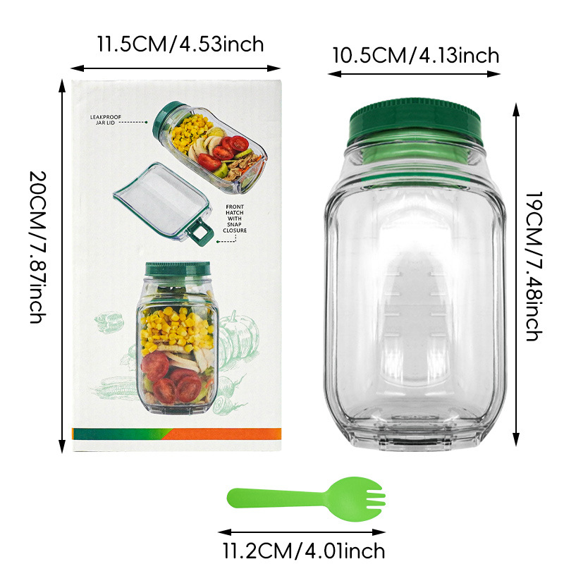 Green Portable All-in-One Side-Opening Salad Container Jar with Fork(10.5x19CM) - Plastic Layered Meal Storage Cup for Kitchen & On-the-Go