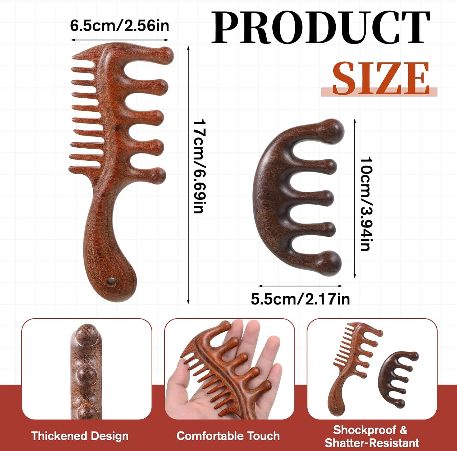 Vin Beauty 2 Pcs Wooden Scalp Massager Comb, Wood Scalp Massager 2 in 1 Wide Fine Tooth with Handle for Hair Growth for Curls Women Men Detangles Long Thick