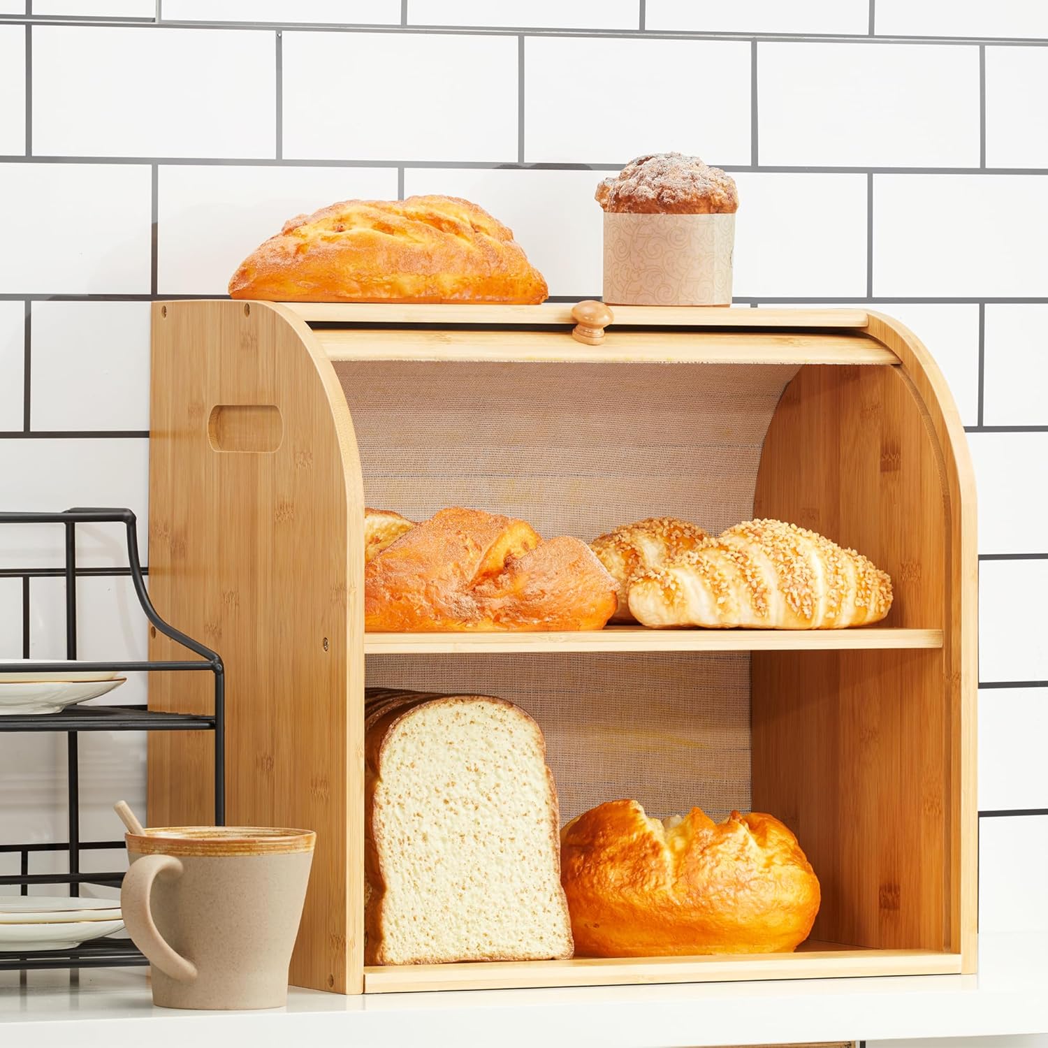 CARLA HOME Large Bamboo Bread Box Storage Organizer with Roll Top for Kitchen Counter — image 3