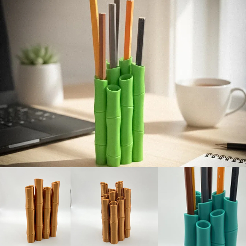 A 3D-printed bamboo pen holder can hold pens, pencils, markers, or drawing tools, adding a tranquil and natural atmosphere while keeping the work area tidy