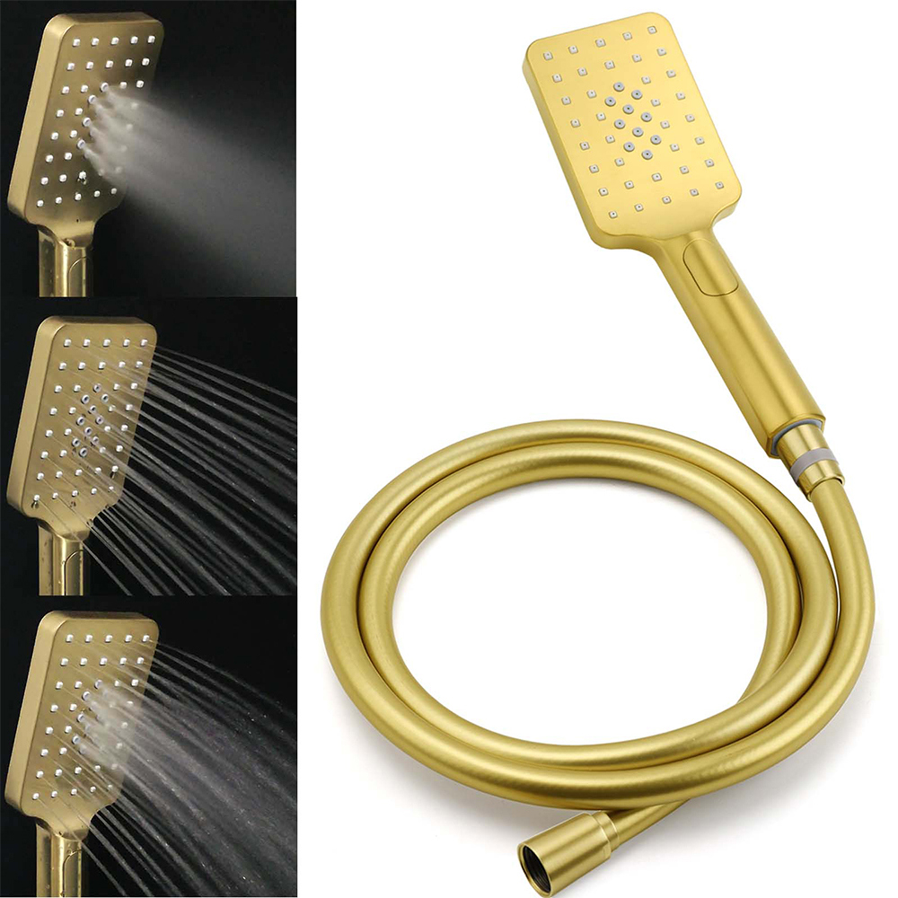 Brushed Gold Square 10" Rain Head 3 Mode Handheld Sliding Rail Wall Arm Dual Shower Taps Set — image 6