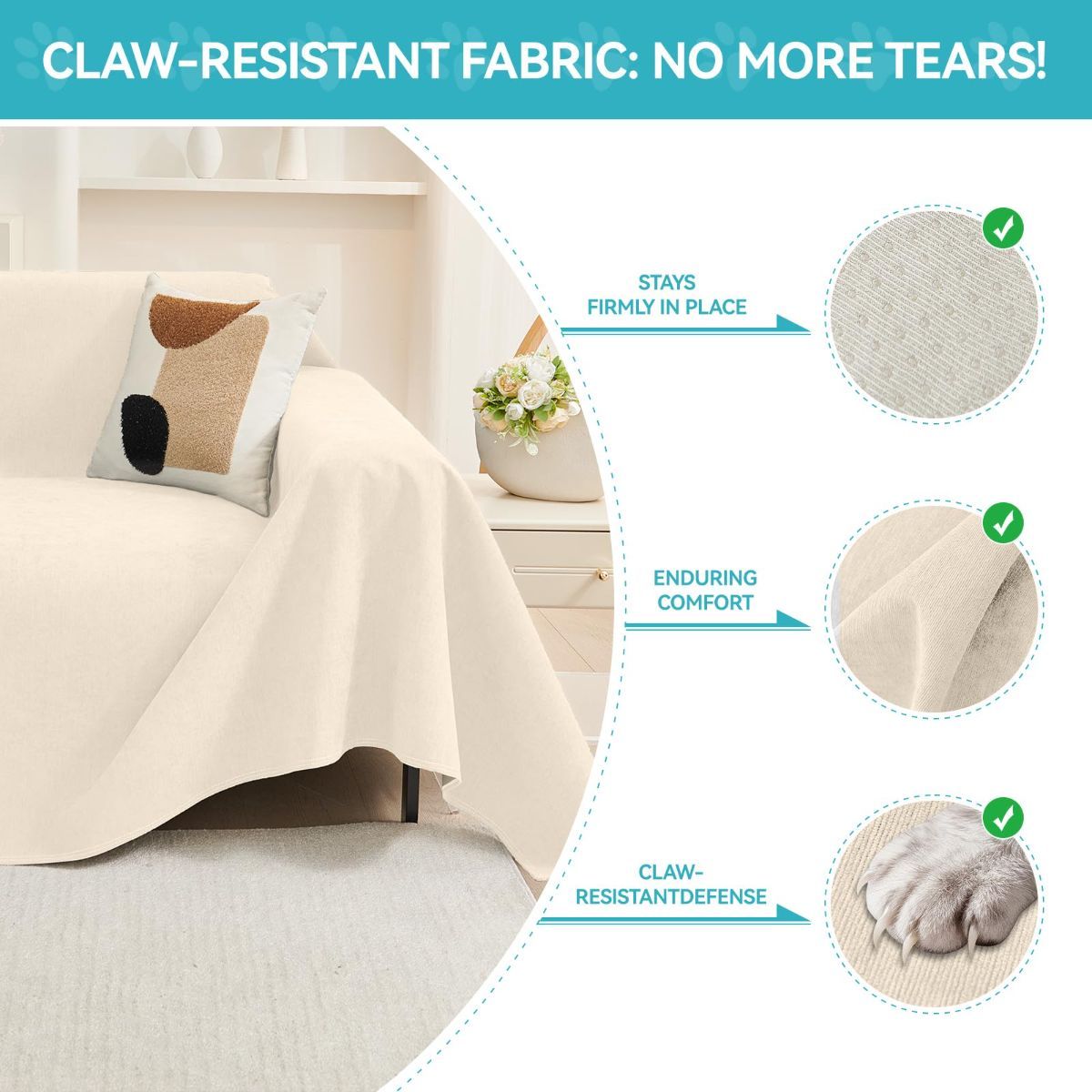 71" x 118" Couch Protector from Cat Claws, Waterproof Couch Cover Anti Slip, Couch Cover 3 Cushion Sofa Washable, Anti-Scratch Pet Sofa Cover Heavy — image 2