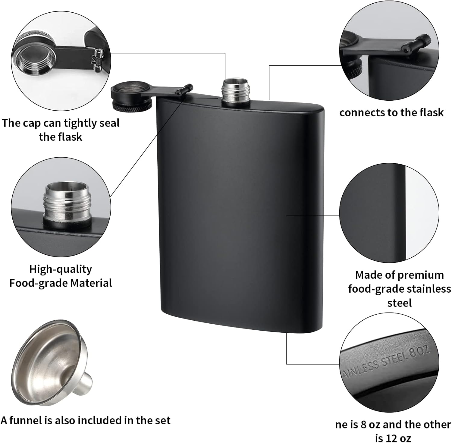 2-pack hip flasks, 8oz and 12oz stainless steel leak-proof slim hip flasks with funnel for men and women (matte black) โ image 3
