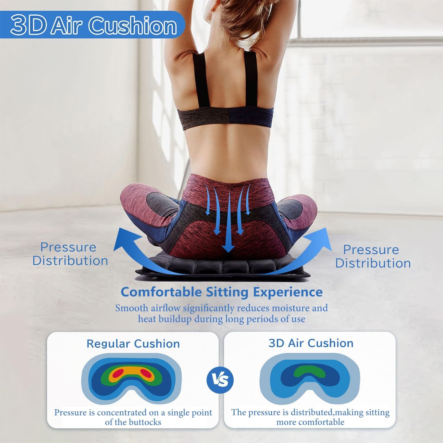 Dark Grey Portable 3D Aircell Travel Inflatable Seat Cushion with Built-in Pump – 36 Airbags Ergonomic Pressure Relief Pad with Lycra Cover & Non-Slip Base for — image 3