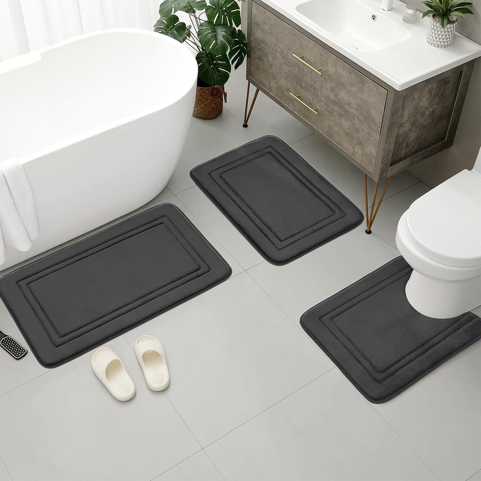 Bathroom Rugs Sets 3 Piece, Bath Mat Universal Soft Comfortable Water Absorption Non Slip Machine Washable Easy Dry Bathroom Mat Gray