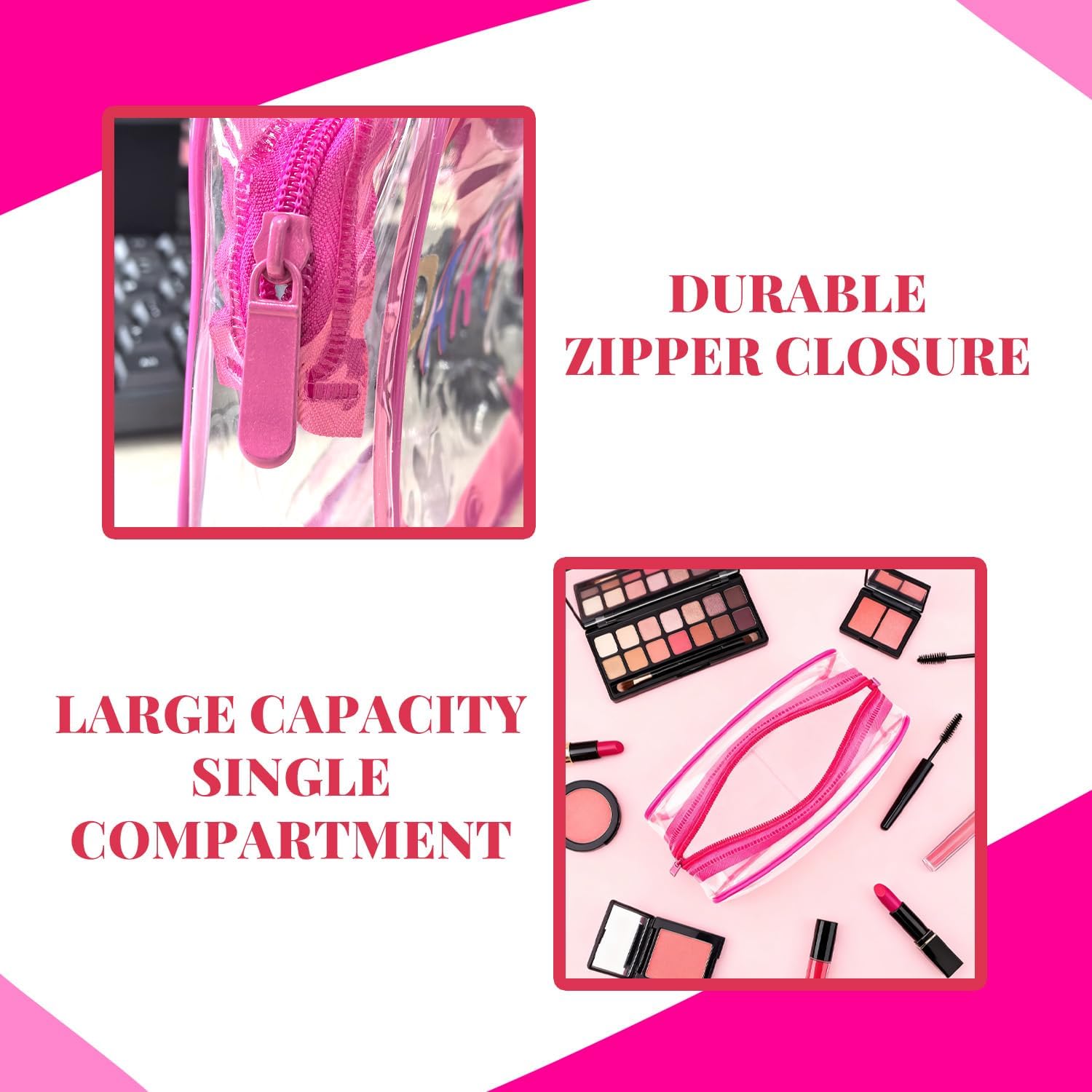 Clear Makeup Bag Travel Toiletry Organizer, Transparent PVC Cosmetic with Zipper, Waterproof Shower Organizer(Party Patterns Pink) — image 4