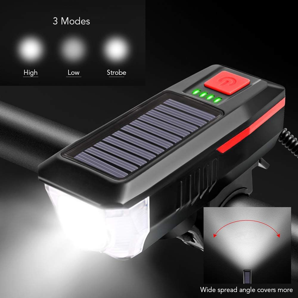 Bicycle headlamp,Charging Bike Light Bicycle Bell Horn Lamp Bike Flashlight Bike Front Light USB/Solar-Charged Rechargeable — image 2