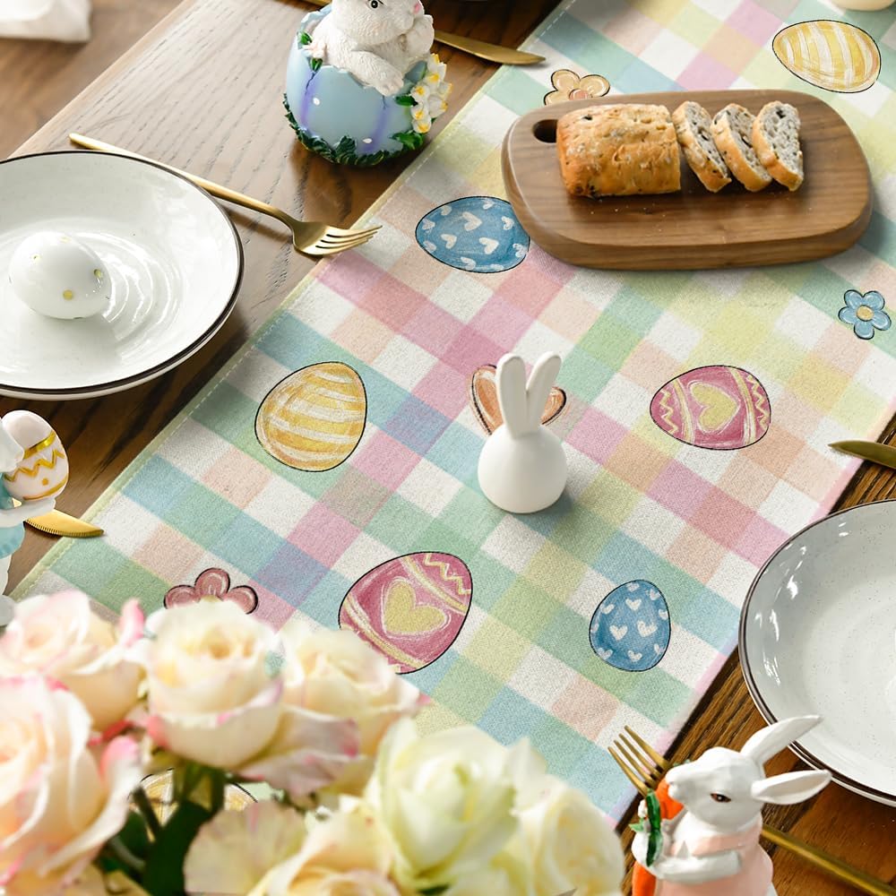 Pink Yellow Buffalo Plaid Carrot Egg Truck Daisy Happy Easter Table Runner, Seasonal Kitchen Dining Table Decoration for Indoor Home Party 13 × 72 Inch — image 4