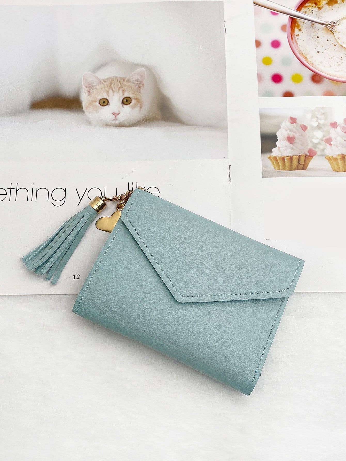 Tassel Decor Fold Over Credit Card Small ID Window Slim Women Wallet Mini Lightweight Leather Cash Card Holder Minimalist Fashion Valentine Day Birthday Gift — image 2