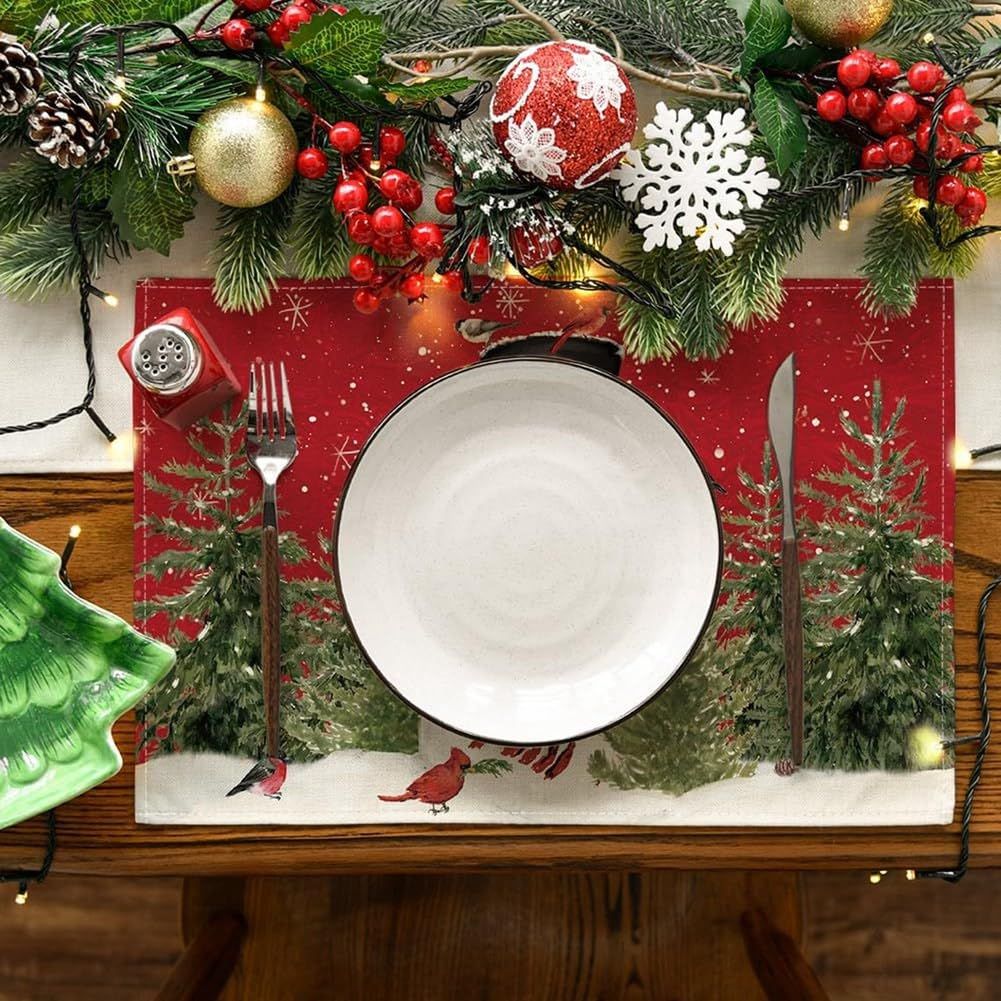 4pcs，Snowman Cardinal Tree Christmas Table Mat, Seasonal Winter Bird Christmas Holiday Rural Retro Thanksgiving Washable Table Mat — image 3