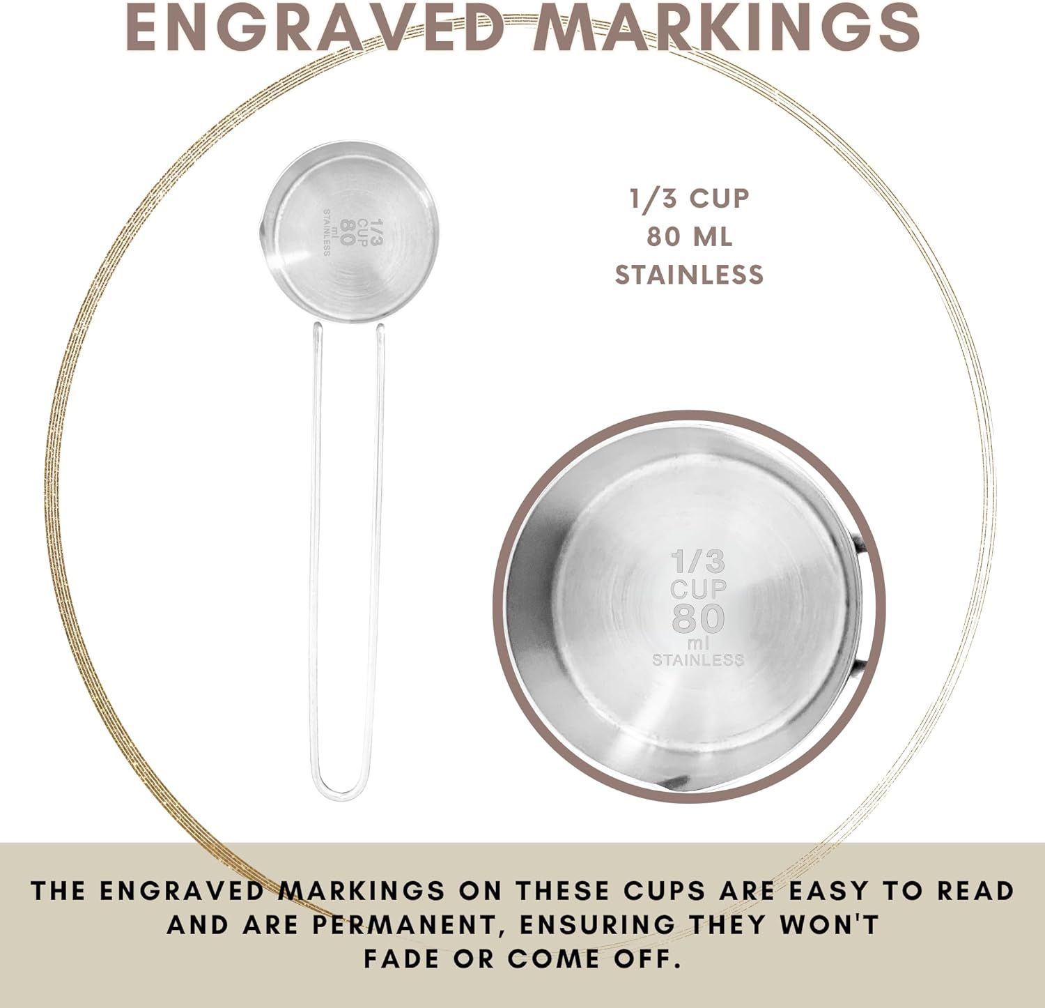 1/3 Cup Stainless Steel Measuring Cup, Long 6" Wire Loop Handle and Pour Spout | Sturdy Metal 80 ml | 80 cc | 3 oz | Single Cup or Wet and Dry Ingredients โ image 5