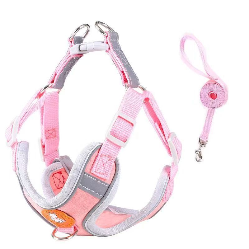 Dog Harness Reflective Leash Small Medium Dogs Pink [chest and back] + flat rope Xs (recommended 3.5-7kg )