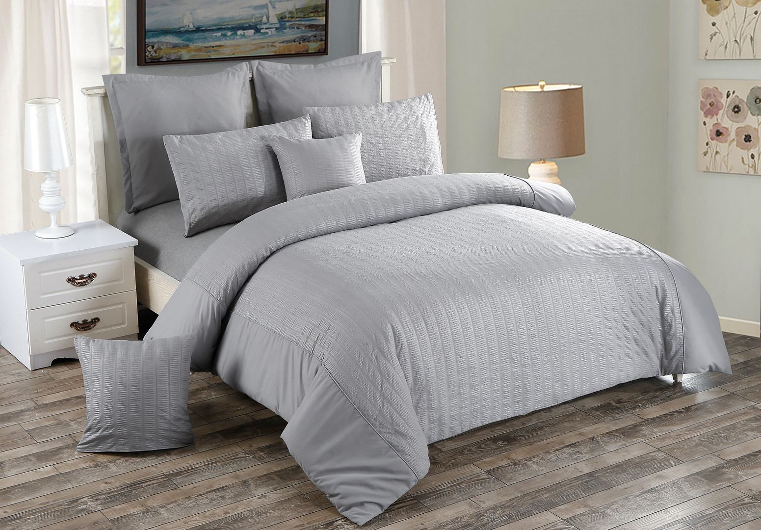 Seersucker Queen Size Grey Duvet Quilt Cover Set — image 2