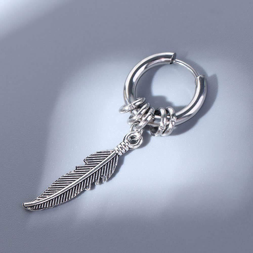 Stainless Steel Feather Design Hoop Earrings, Punk Rock Style Earrings Jewelry, Vintage Leaf Alloy Silver โ image 3